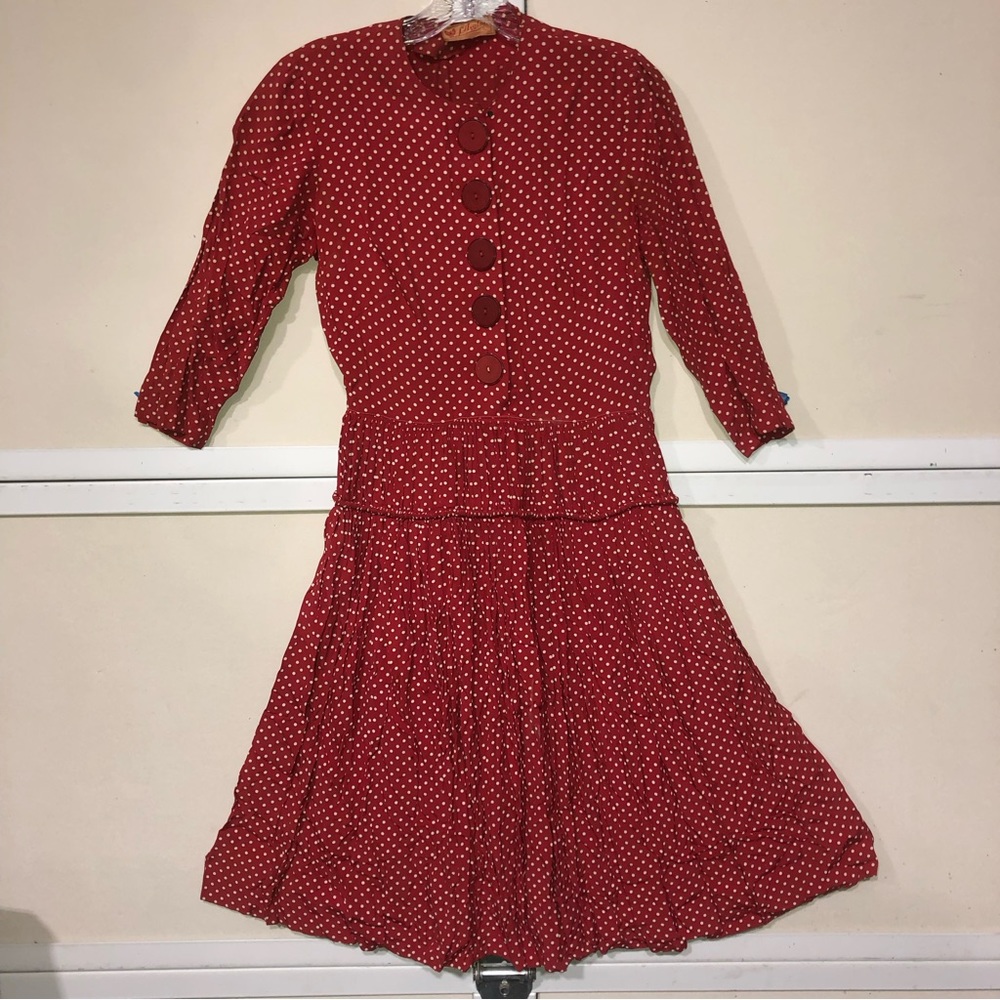 #1300 Vintage L'aiglon Polkadot Dress Red/white dots long sleeve full skirt Sz12